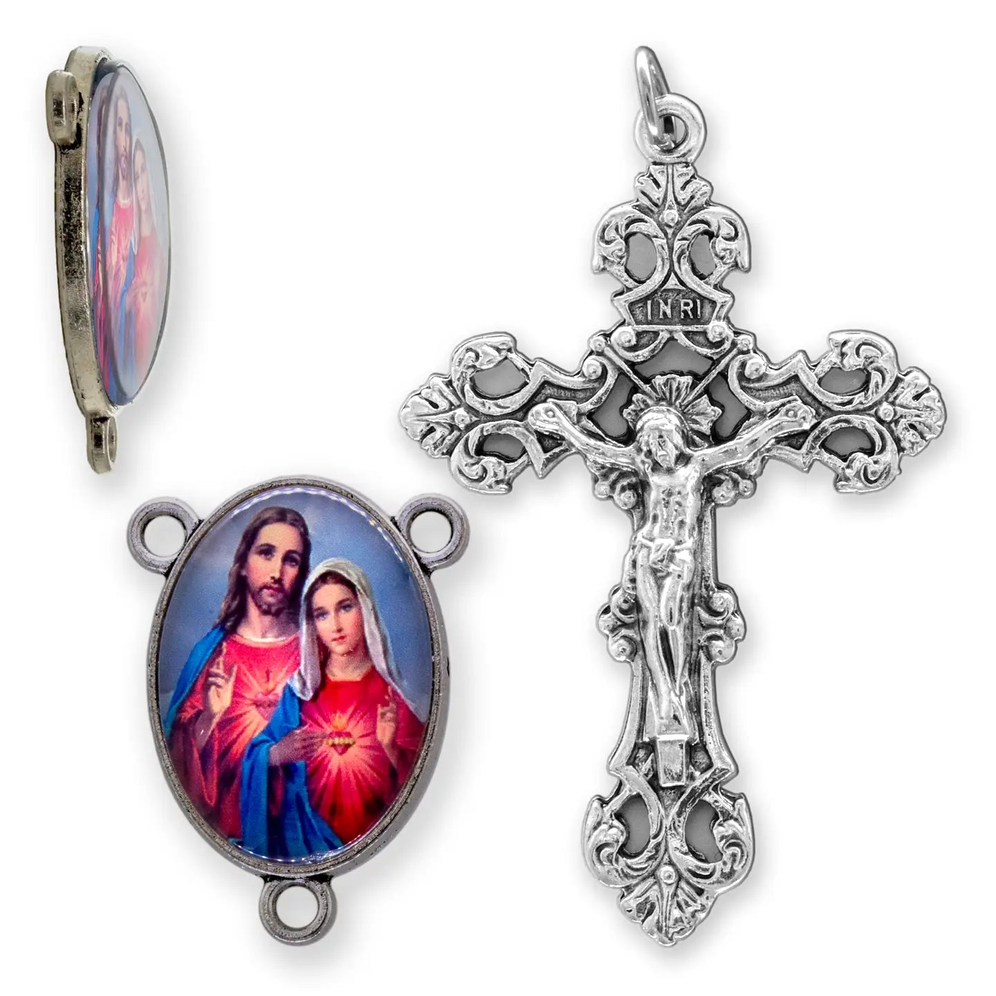 Sacred Heart Jesus & Mary Rosary Center Set    (2.25" Crucifix)