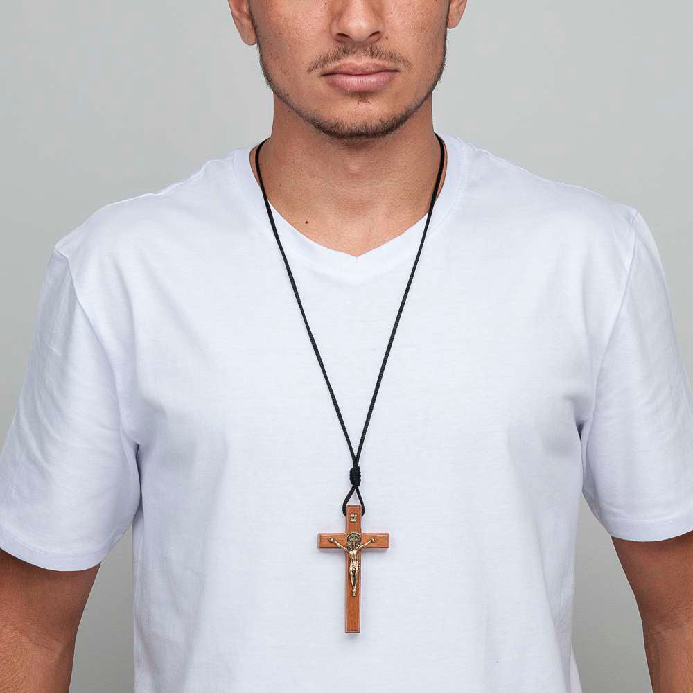St. Benedict Wooden Crucifix Necklace    3.5"