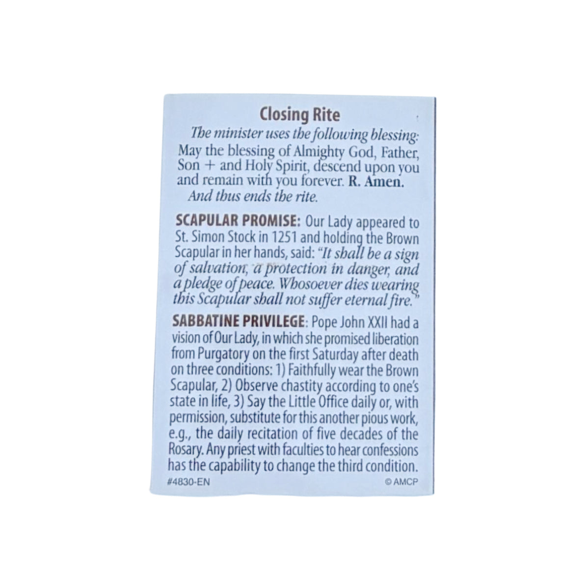 Brown Scapular Enrollment Prayer Card Pamphlet (25/pk)