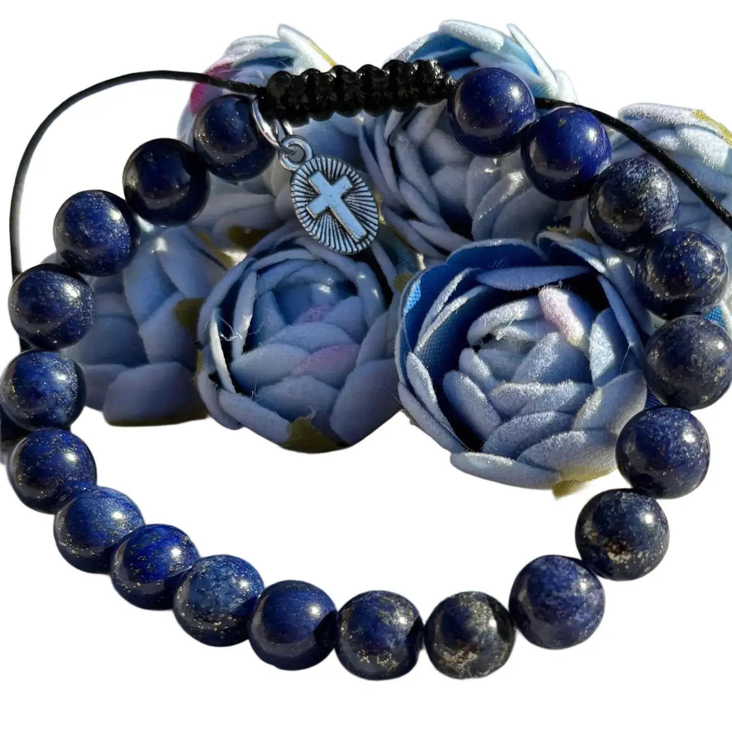 Gemstone - Genuine LAPIS LAZULI Bracelet w/ Cross Charm   7"