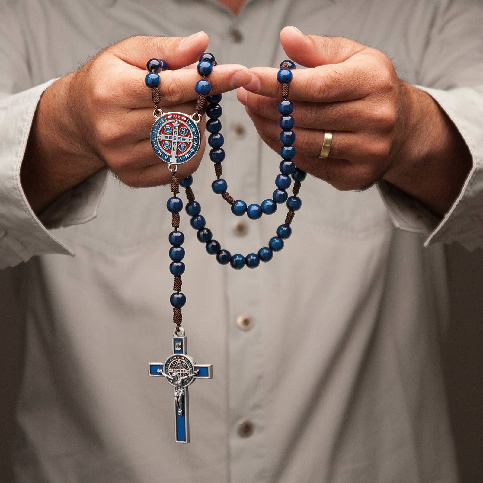 St. Benedict Wooden Rosary (BLUE Resin)   20"