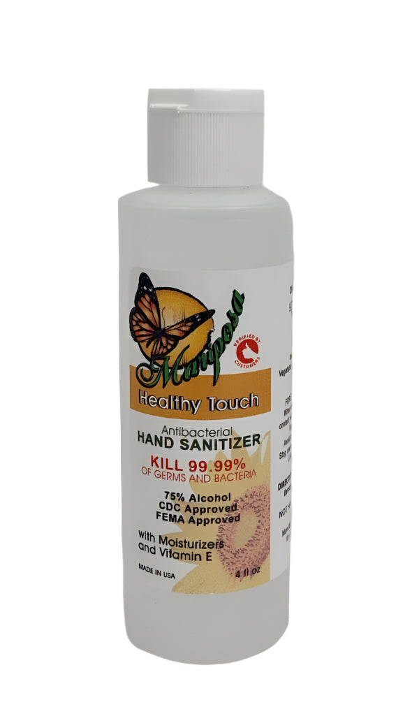 A 4oz bottle of Healthy Touch hand sanitizer with a white label featuring an image of a butterfly and text detailing the product as a sanitizer with 75% alcohol, approved by FEMA and CDC.