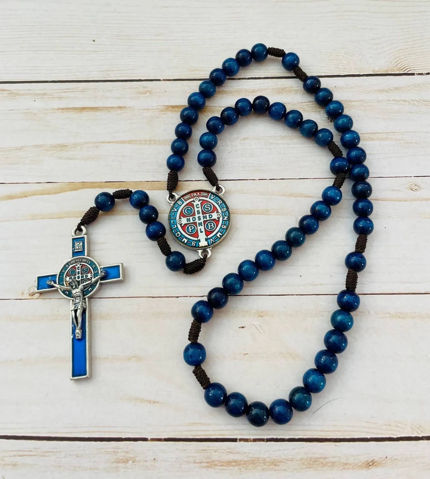 St. Benedict Wooden Rosary (BLUE Resin)   20"