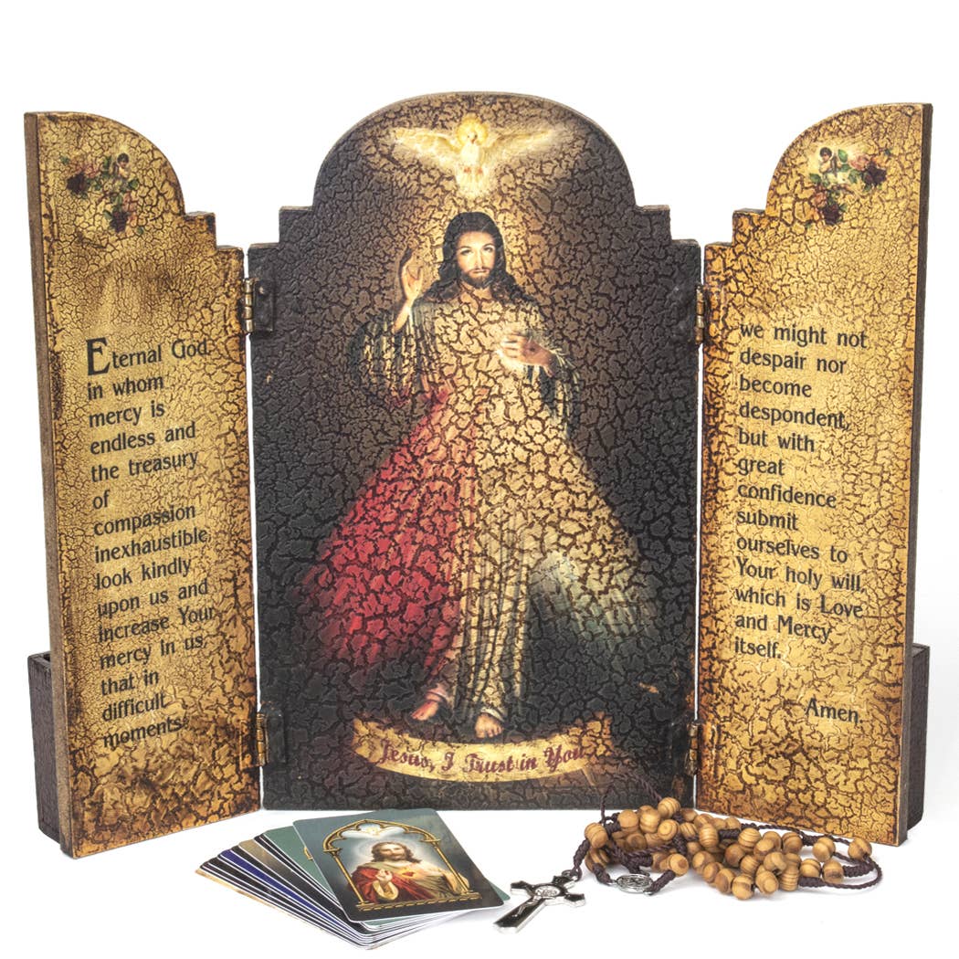 Divine Mercy Wooden Triptych w/ Storage Boxes   10" x 12"