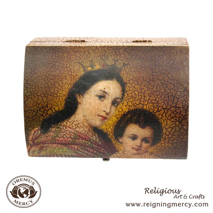 Crown Madonna with Child Rosary Storage Box   6"
