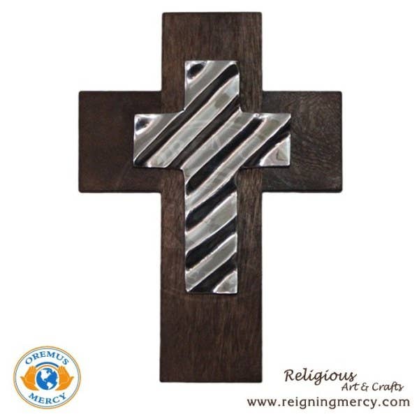 Wall Cross - Wooden w/ Wavy Pewter 10"