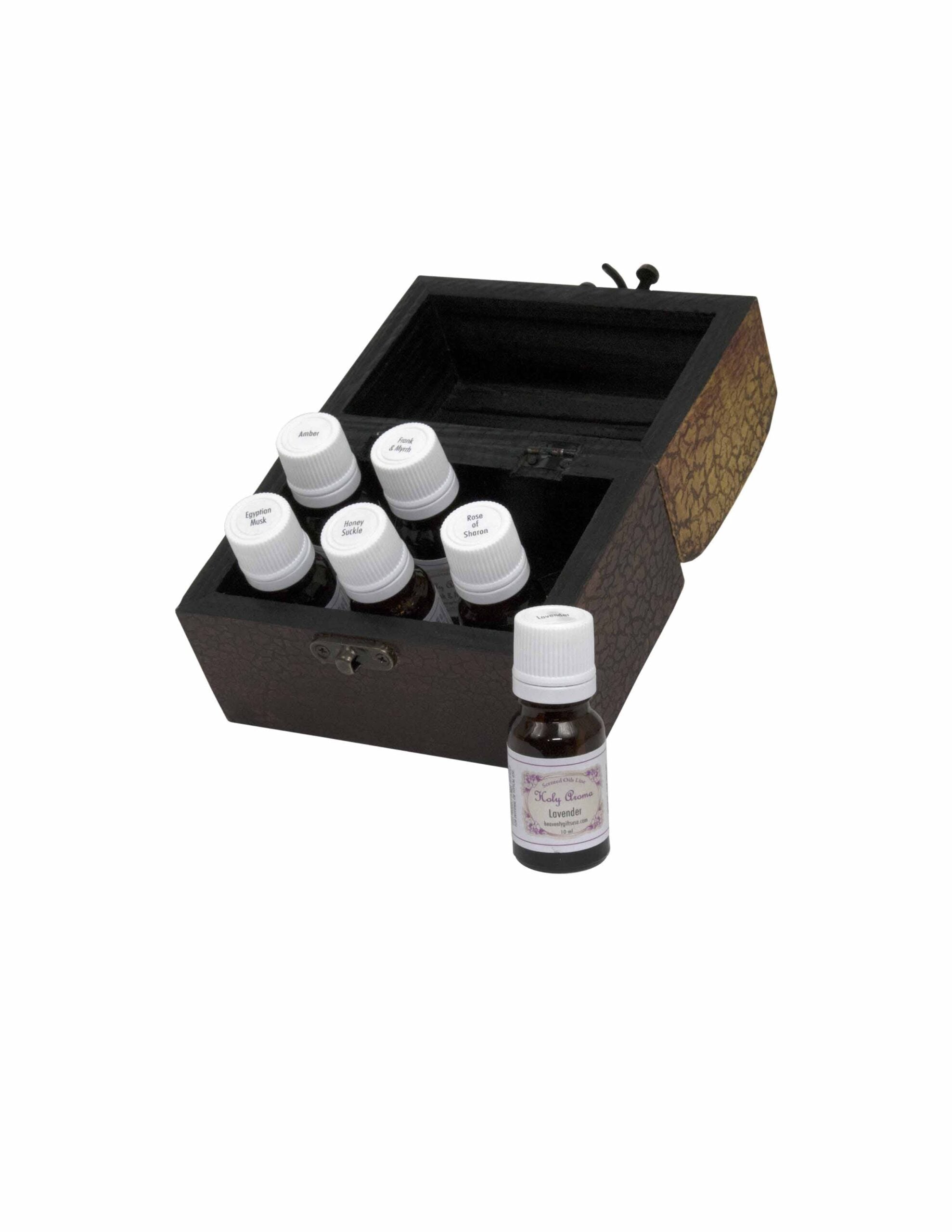 Holy Aromas Natural Essential Oils in Wooden Chest 6 bottles