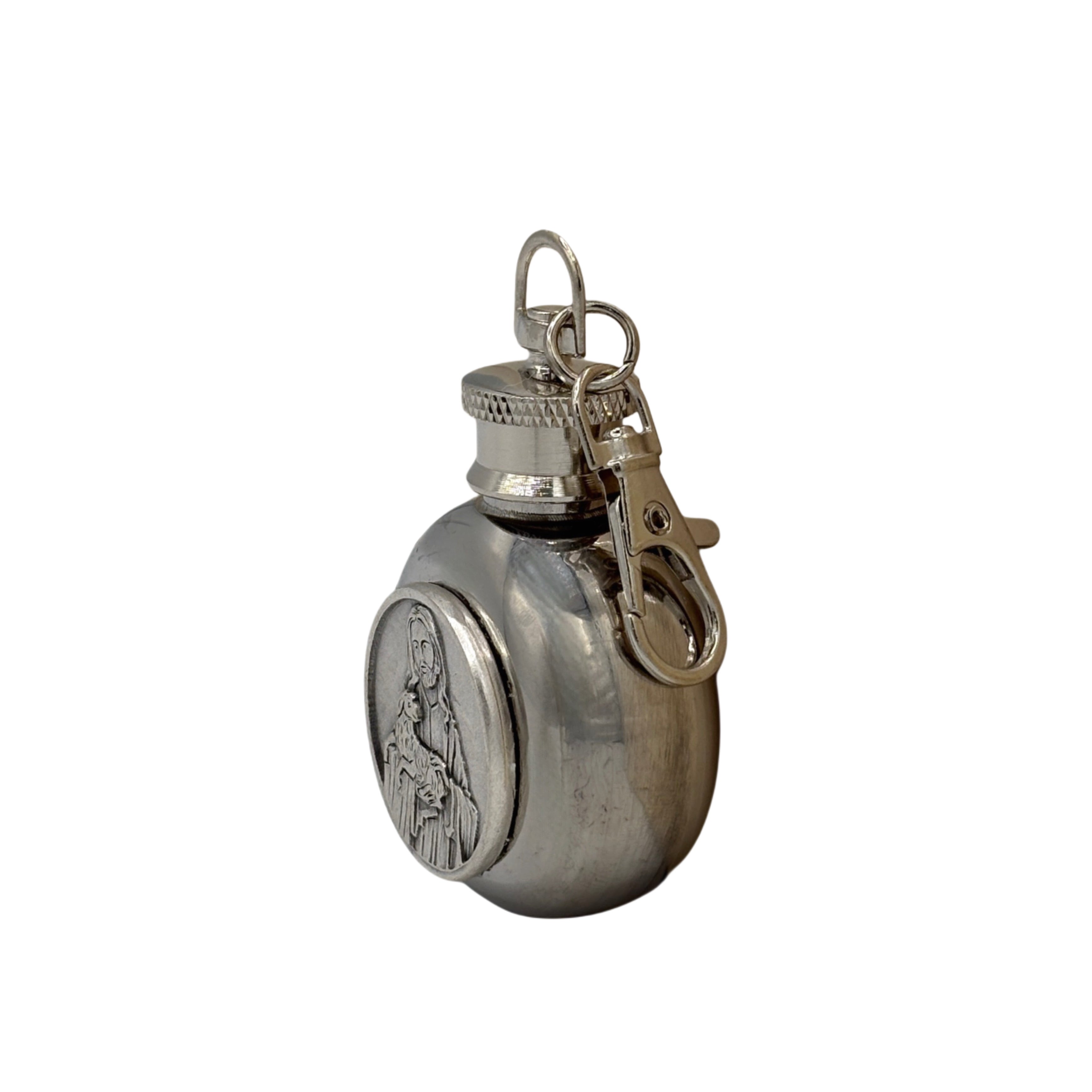 The Good Shepard Holy Water Flask SS Round w/ Keychain   1 oz 