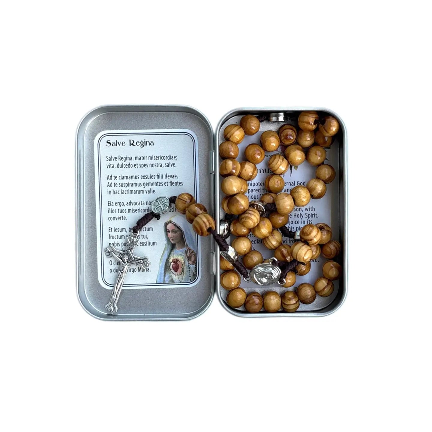 Mary Wooden Rosary in Tin *NEW LOOK*