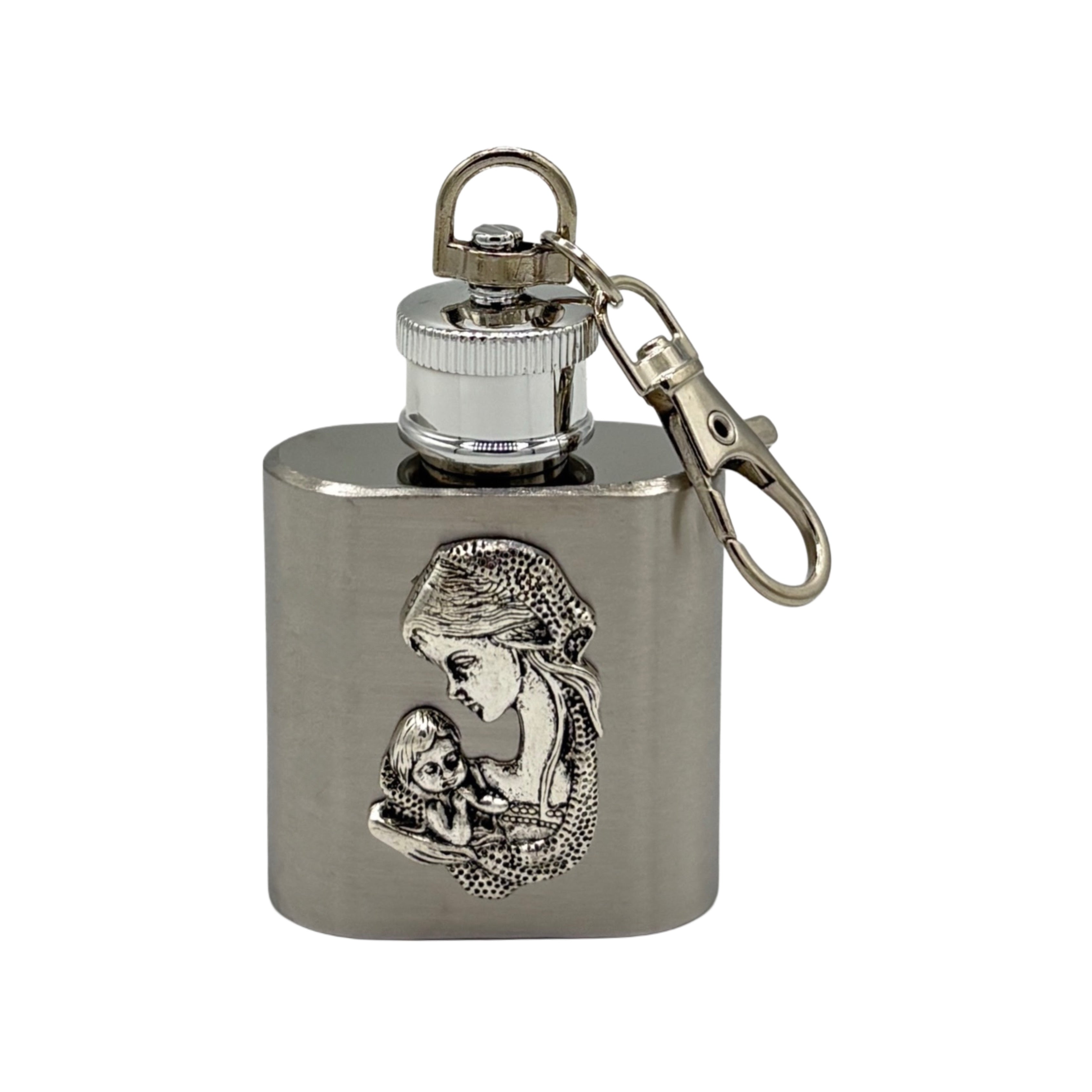 Madonna & Child Holy Water Flask SS w/ Keychain   1 oz
