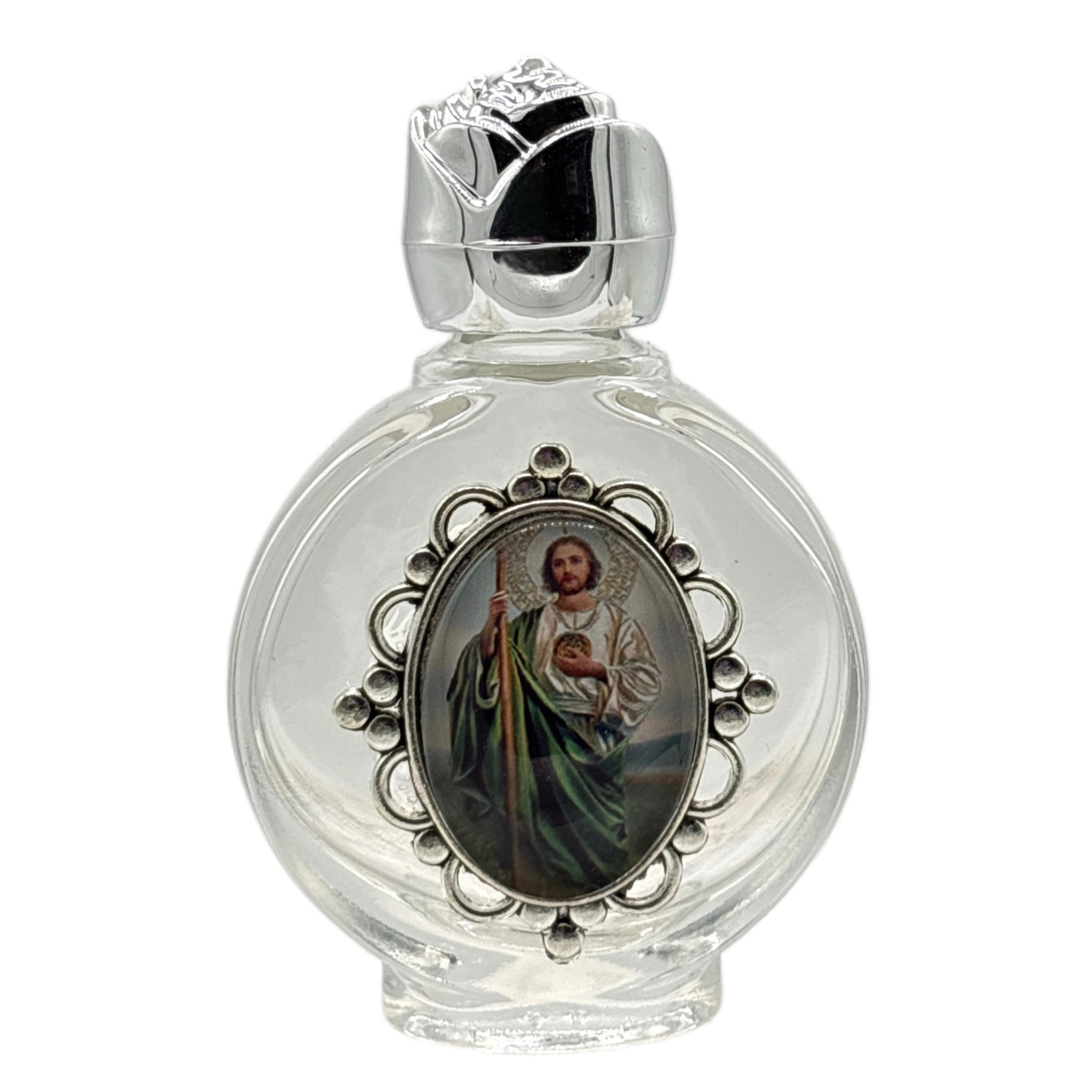 Holy Water Bottle - St. Jude Encased w/ Rose Top 2.5"
