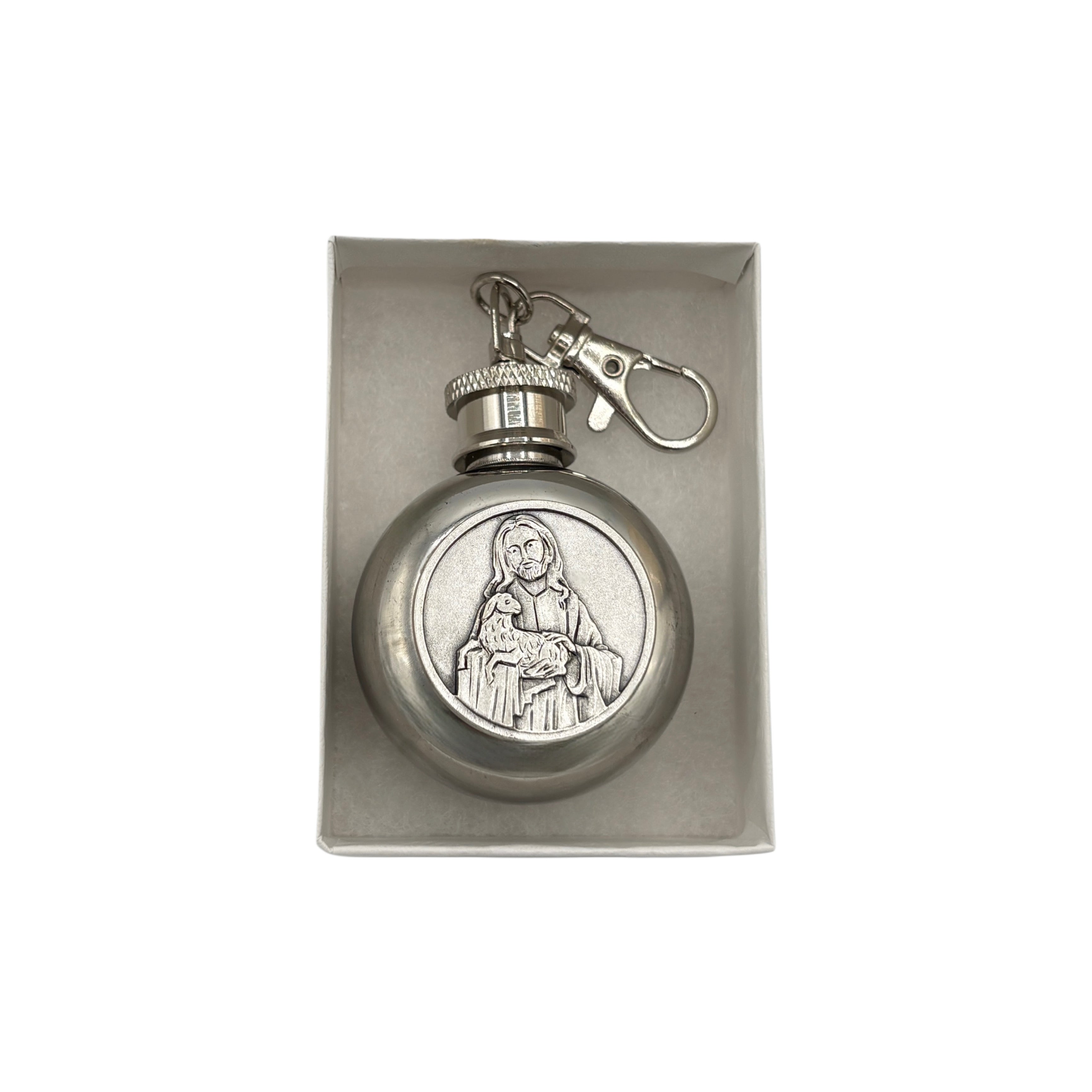 The Good Shepard Holy Water Flask SS Round w/ Keychain   1 oz 