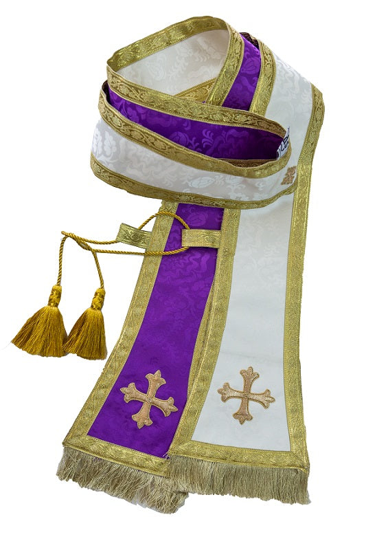 Made on a beautiful Poly/Viscose Jacquard, Purple on one side Cream on the other.

Both sides have Gold metallic hand embroidered Greek Crosses at the bottom and a smaller one at the neck. 