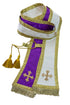 Made on a beautiful Poly/Viscose Jacquard, Purple on one side Cream on the other.

Both sides have Gold metallic hand embroidered Greek Crosses at the bottom and a smaller one at the neck. 