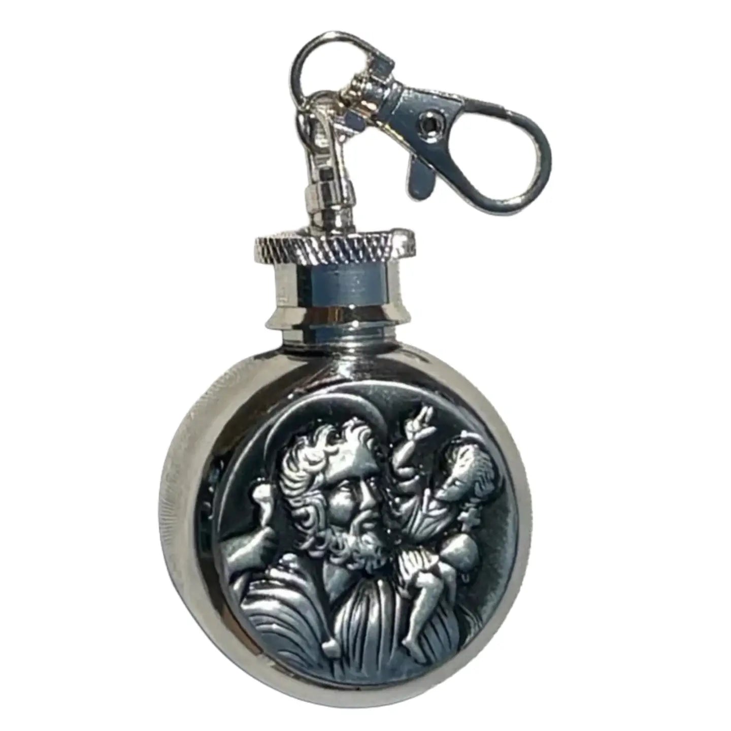 St. Christopher Holy Water Flask SS Round w/ Keychain   1 oz