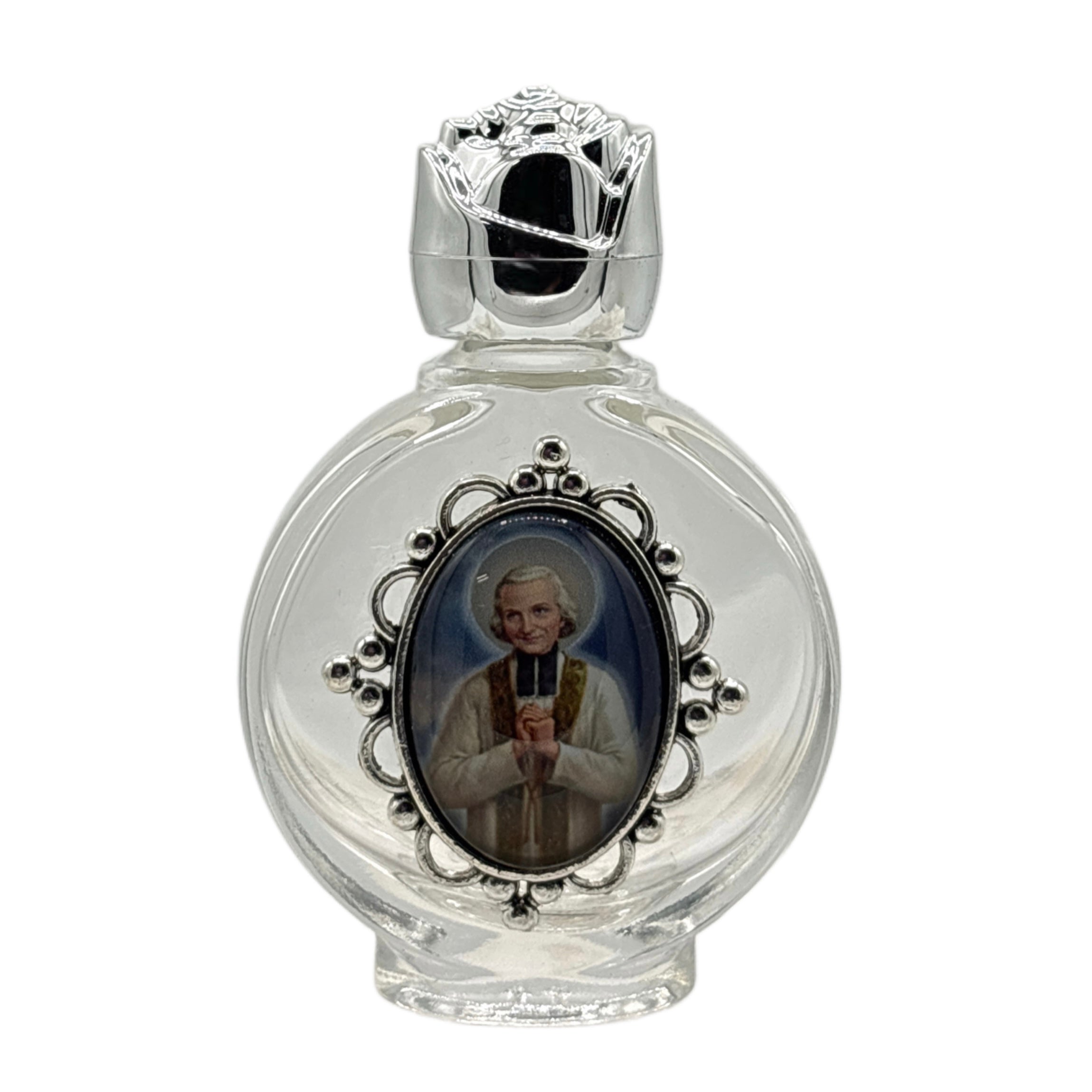 Holy Water Bottle- St. John Vianney Encased w/ Rose Top 2.5"