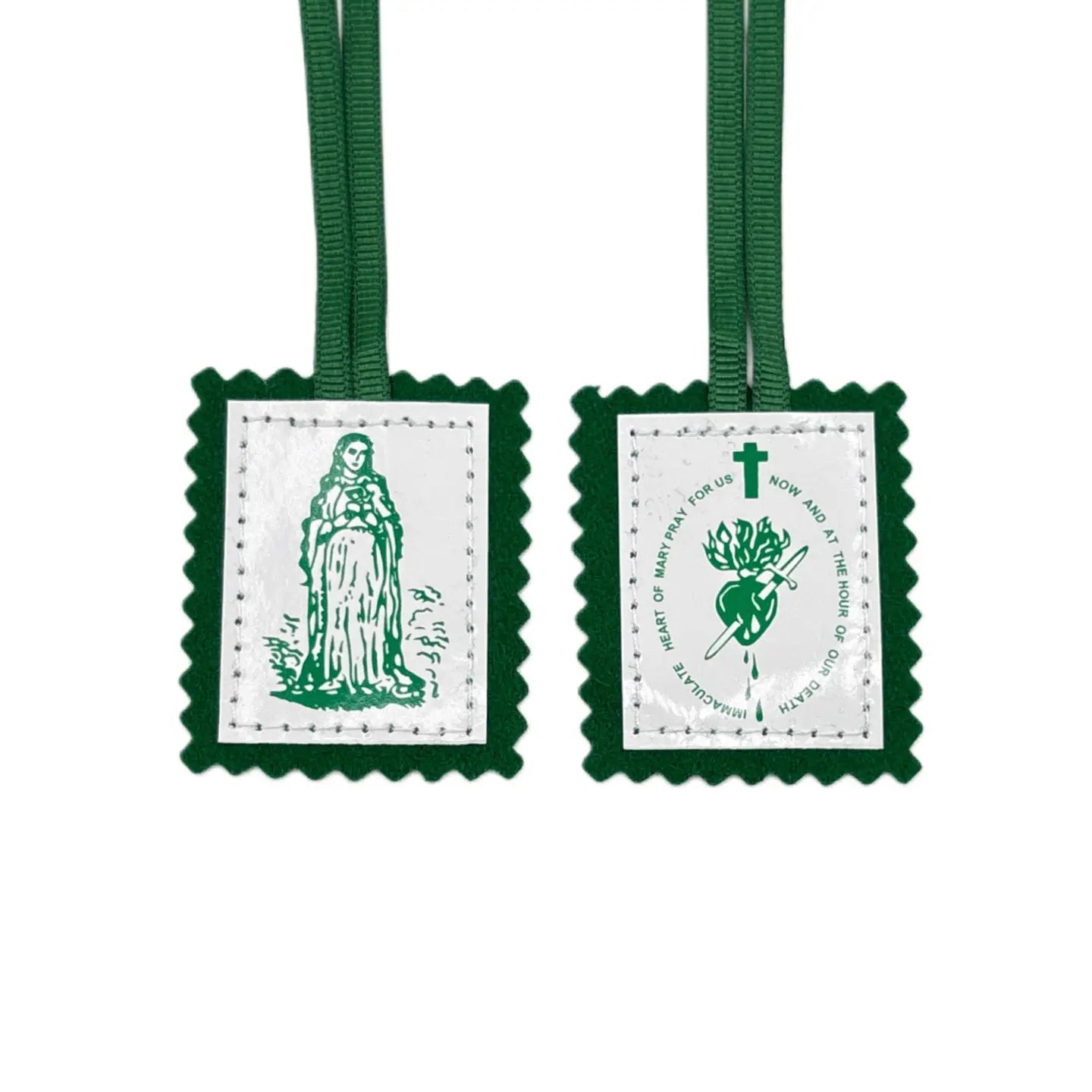 Scapular- Lady of Grace + Immaculate Heart GREEN  2” 