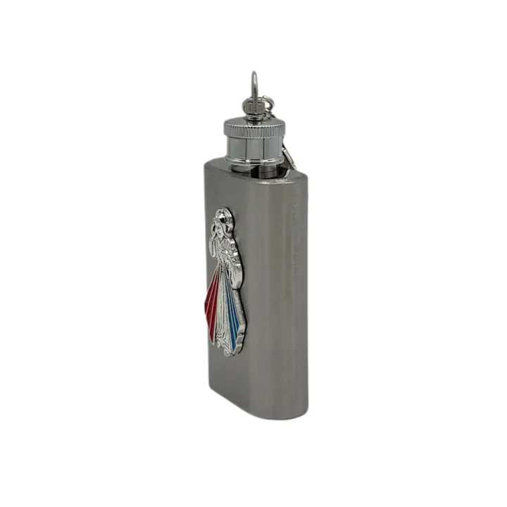 Divine Mercy Holy Water Flask SS Rectangle w/ Keychain   2 oz