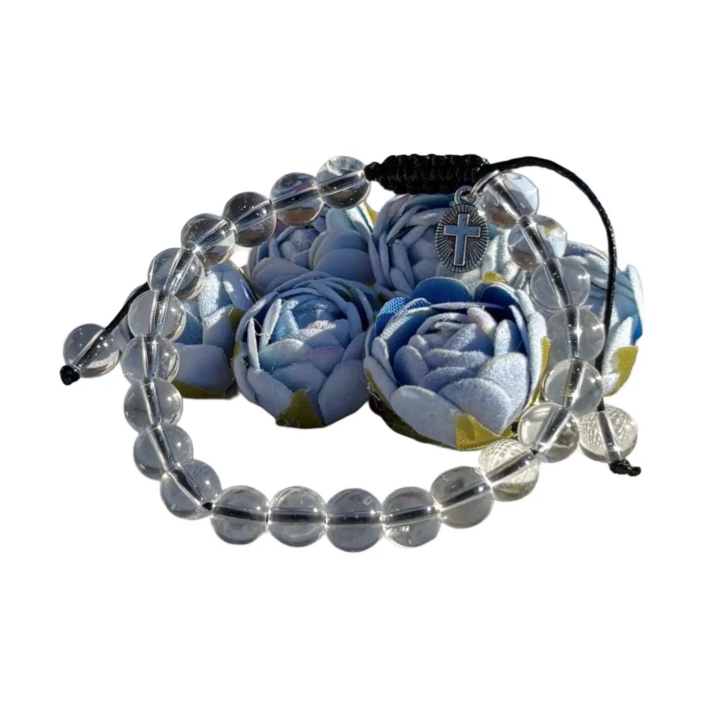 Gemstone - Genuine CLEAR QUARTZ Bracelet w/ Cross Charm 7"