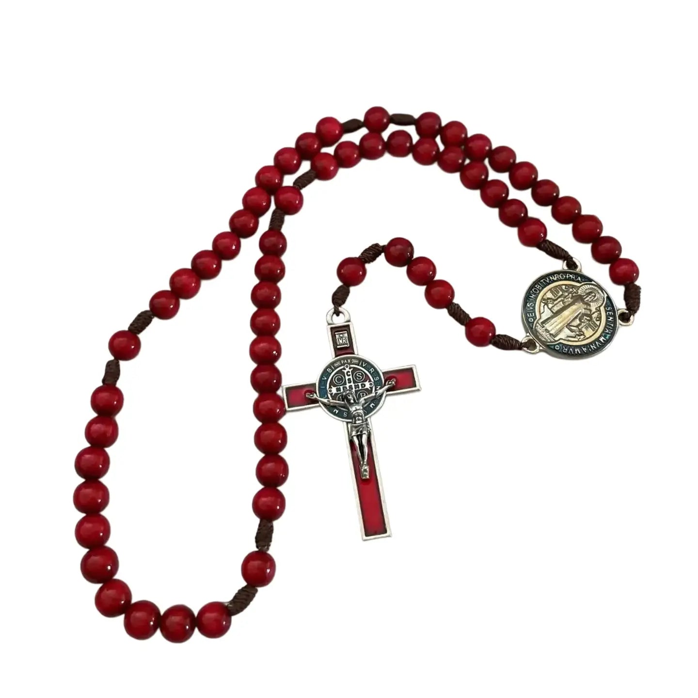 St. Benedict Wooden Rosary (RED Resin)   20"