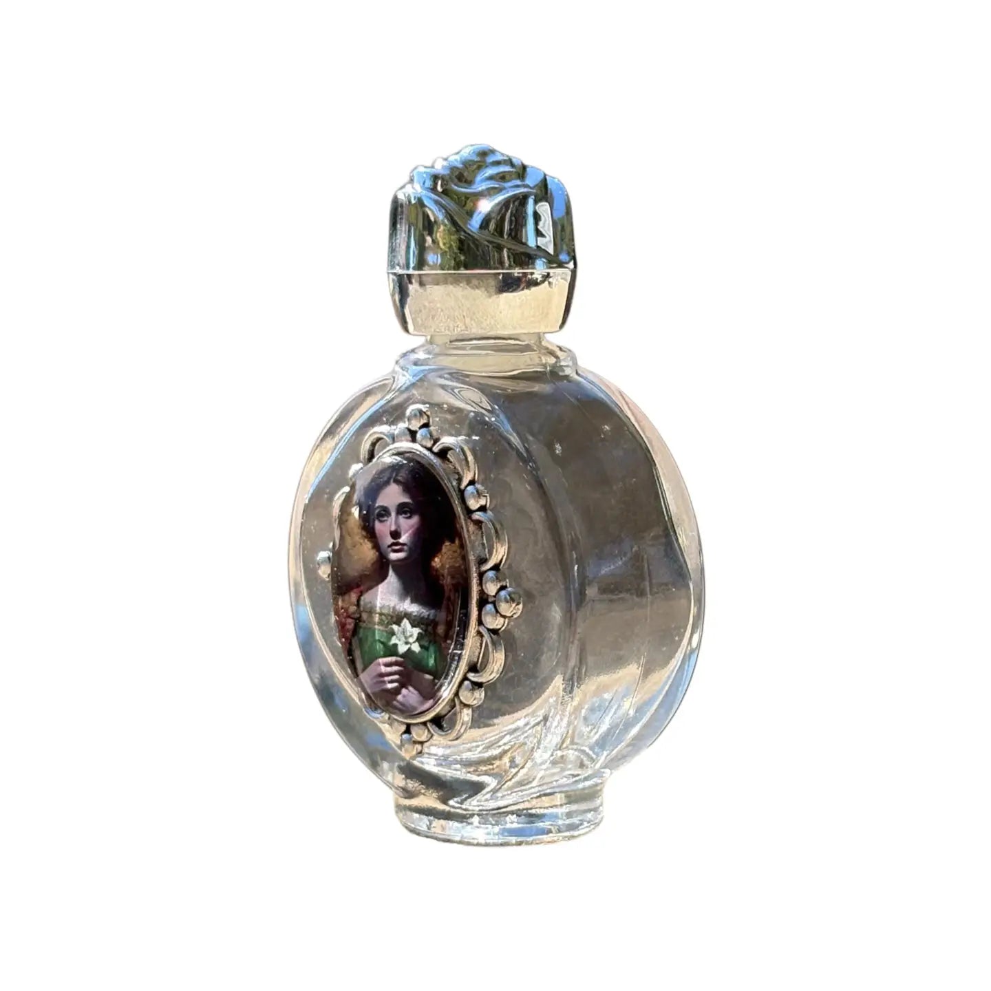 Holy Water Bottle - St. Dymphna Encased w/ Rose Top 2.5"