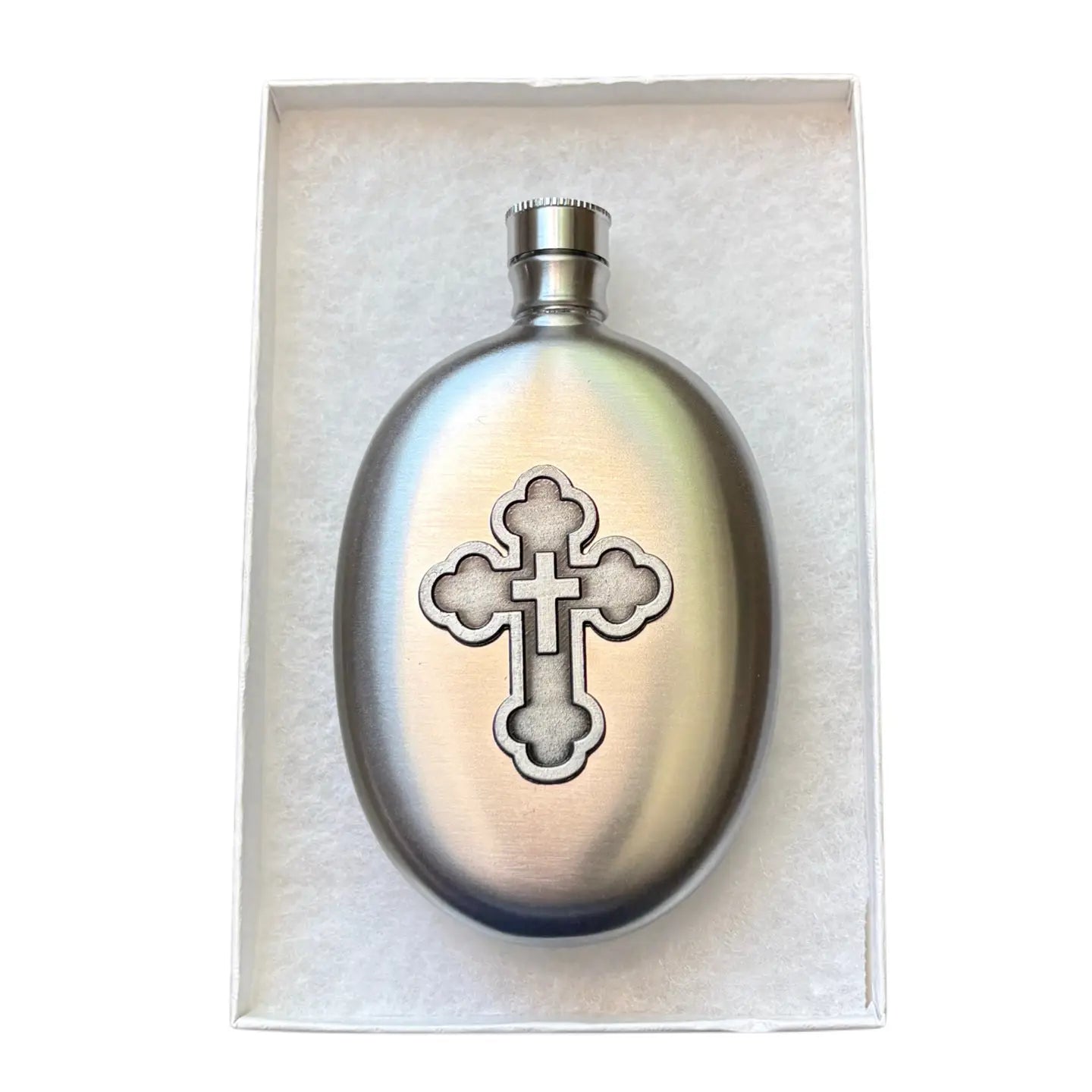 Holy Cross Holy Water Flask SS Oval   3 oz