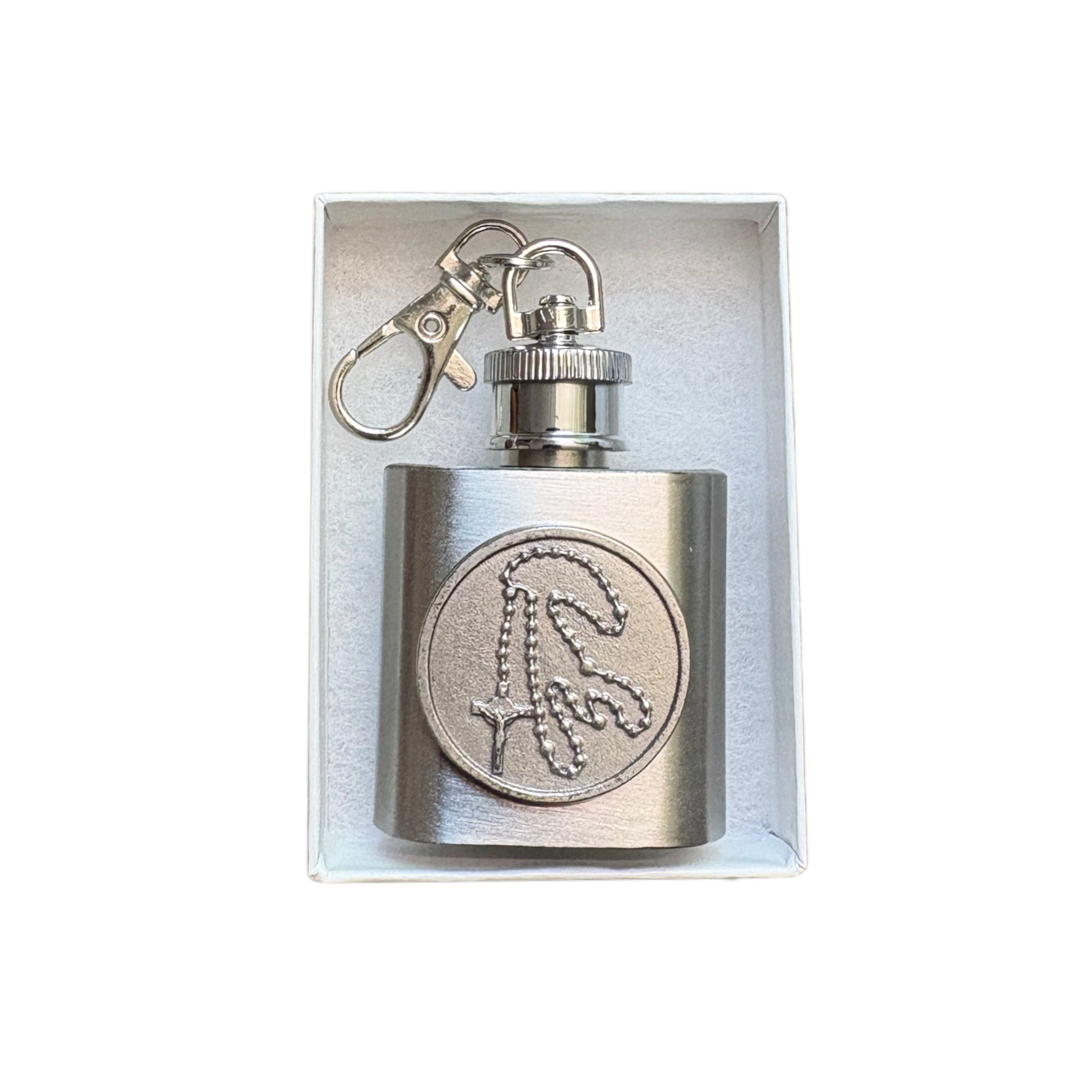 Rosary Token Holy Water Flask SS w/ Keychain    1 oz