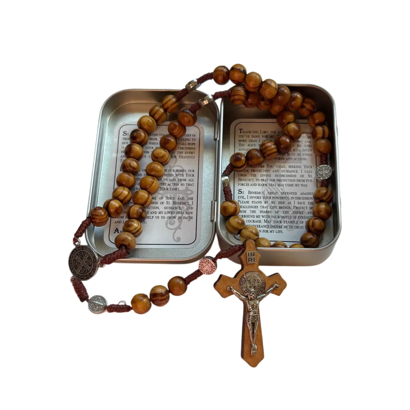 St. Benedict Wooden Rosary in Tin *NEW LOOK*