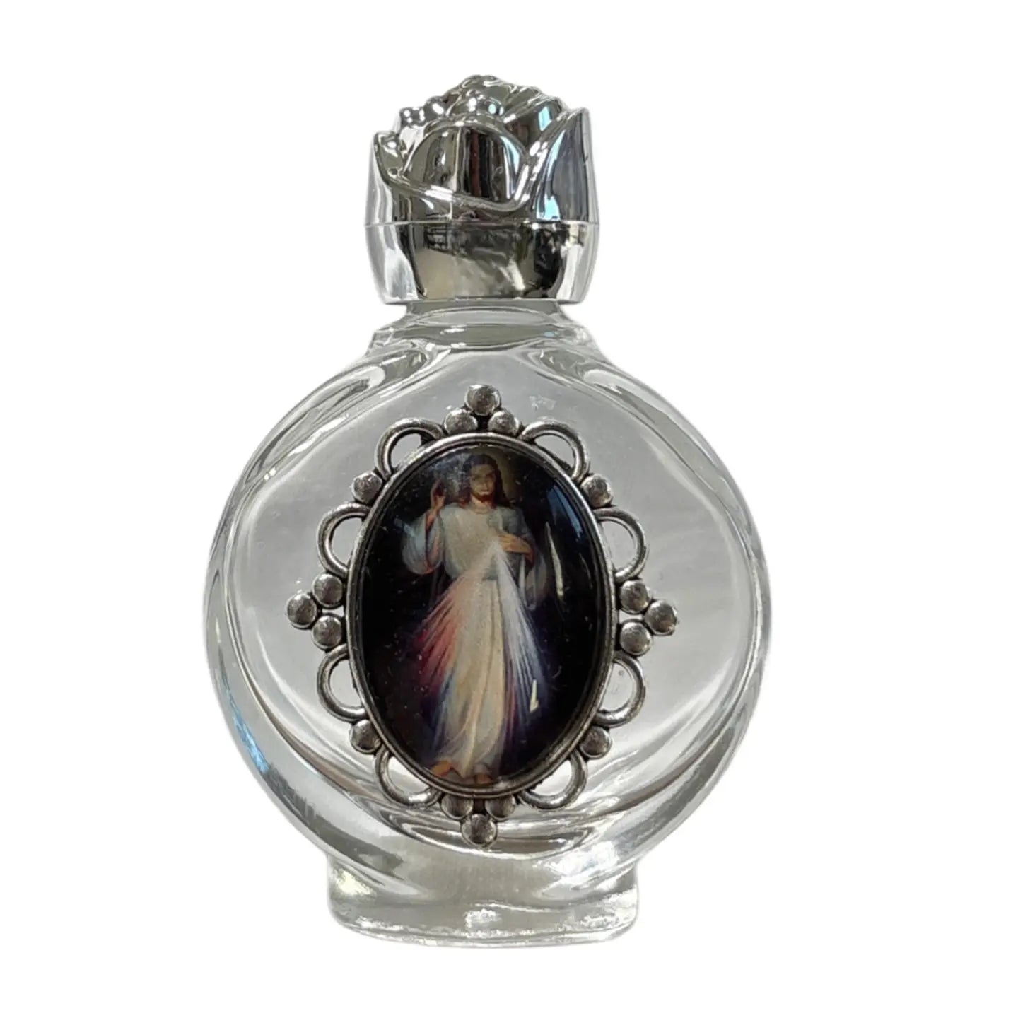 Holy Water Bottle - Divine Mercy Encased w/ Rose Top 2.5"