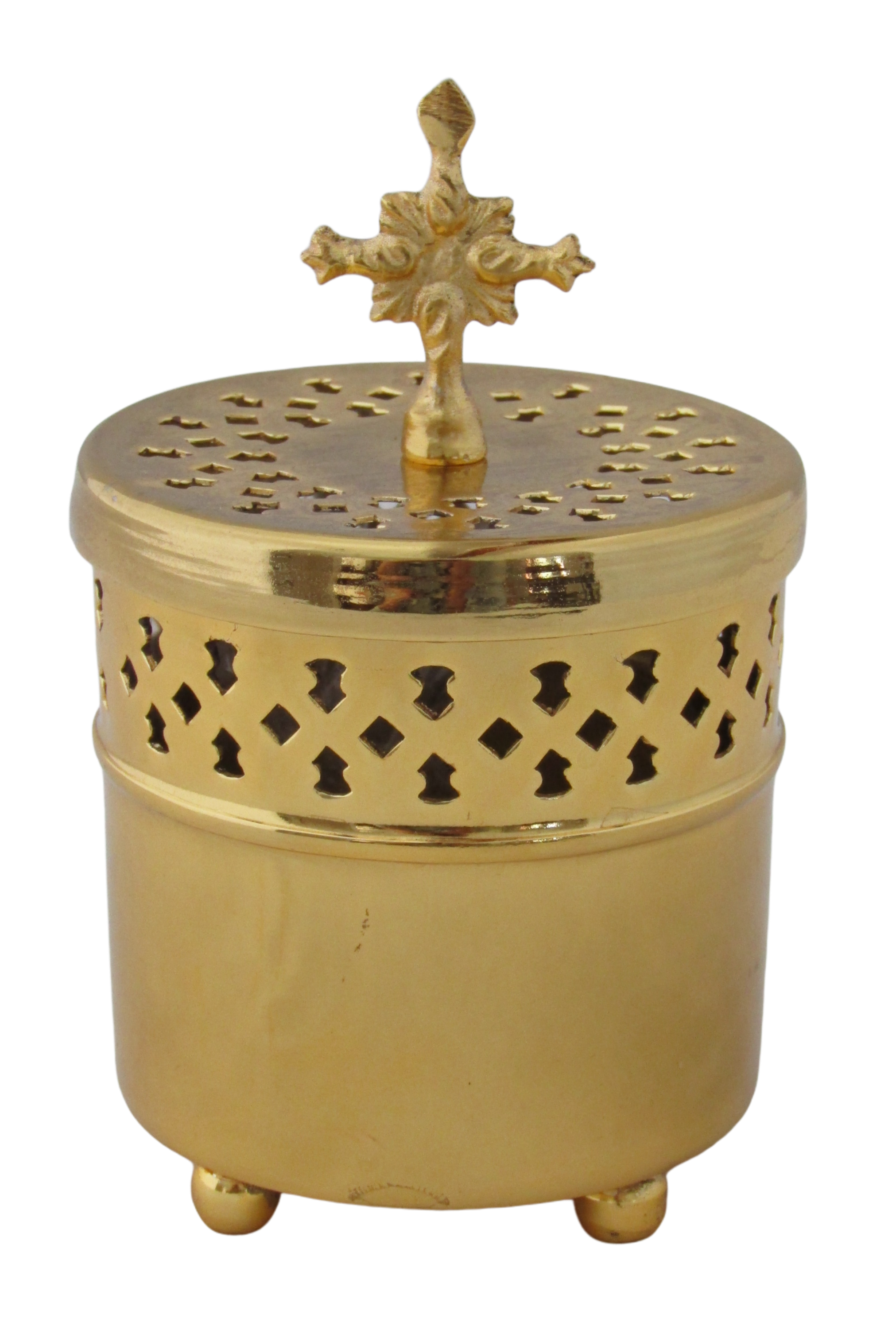 Brass Cylindrical Incense Burner w/ Cross (456)