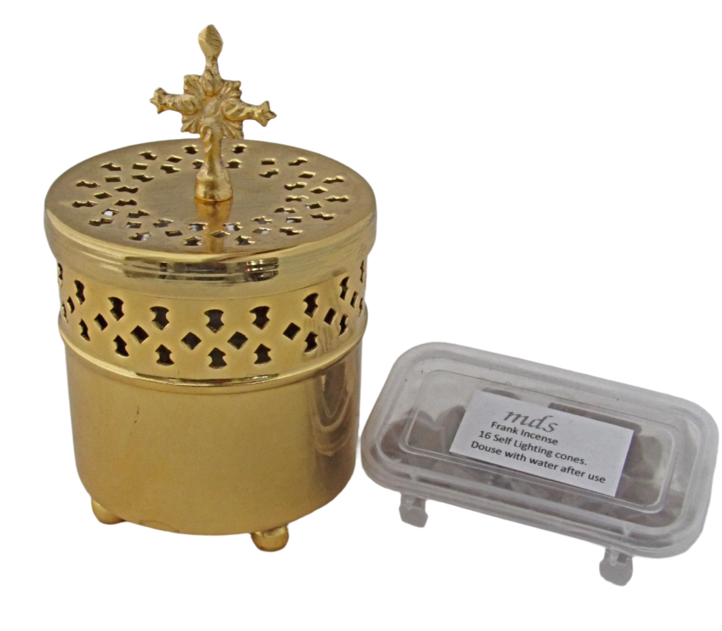 Brass Cylindrical Incense Burner w/ Cross (456)
