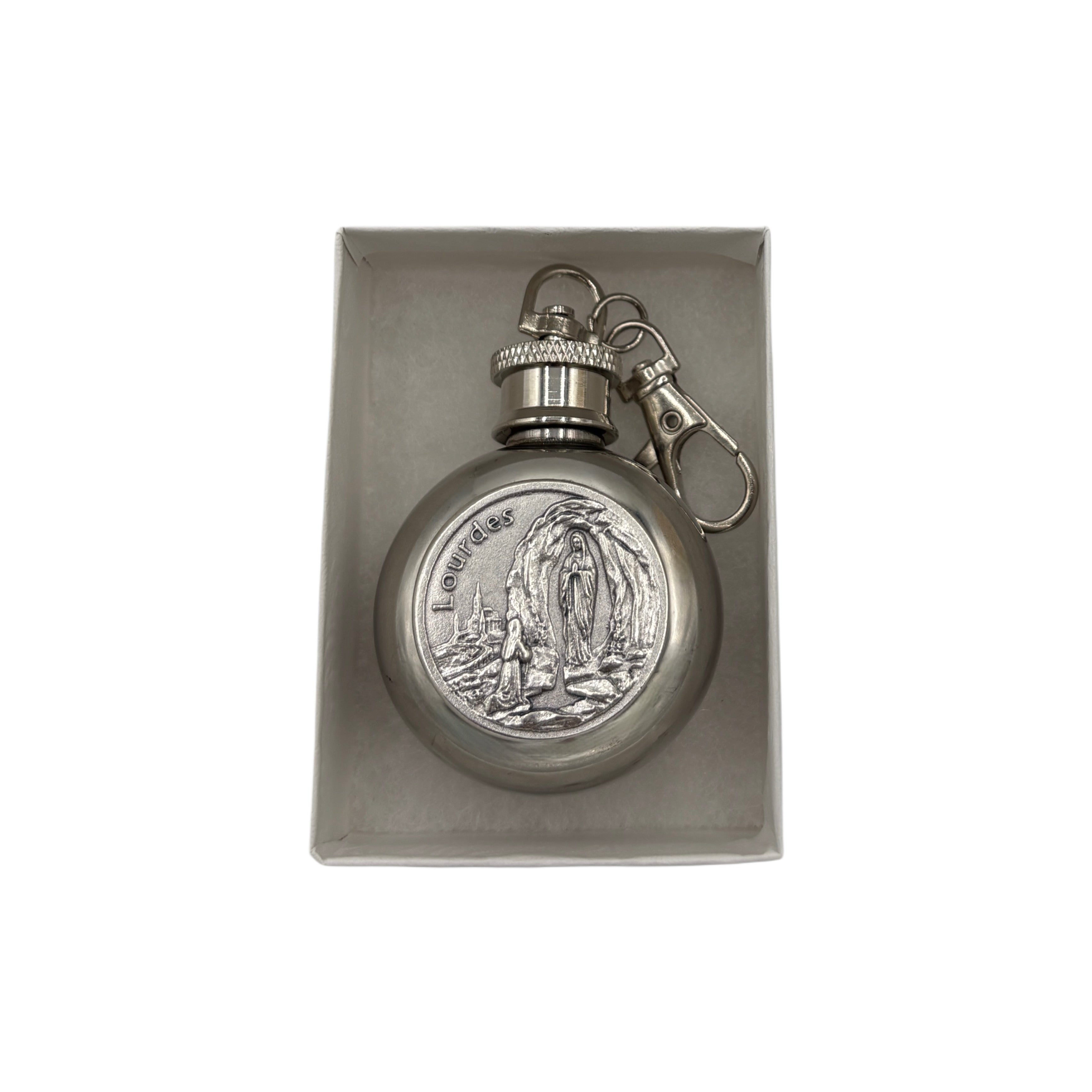 Lady of Lourdes Holy Water Flask SS Round w/ Keychain   1 oz
