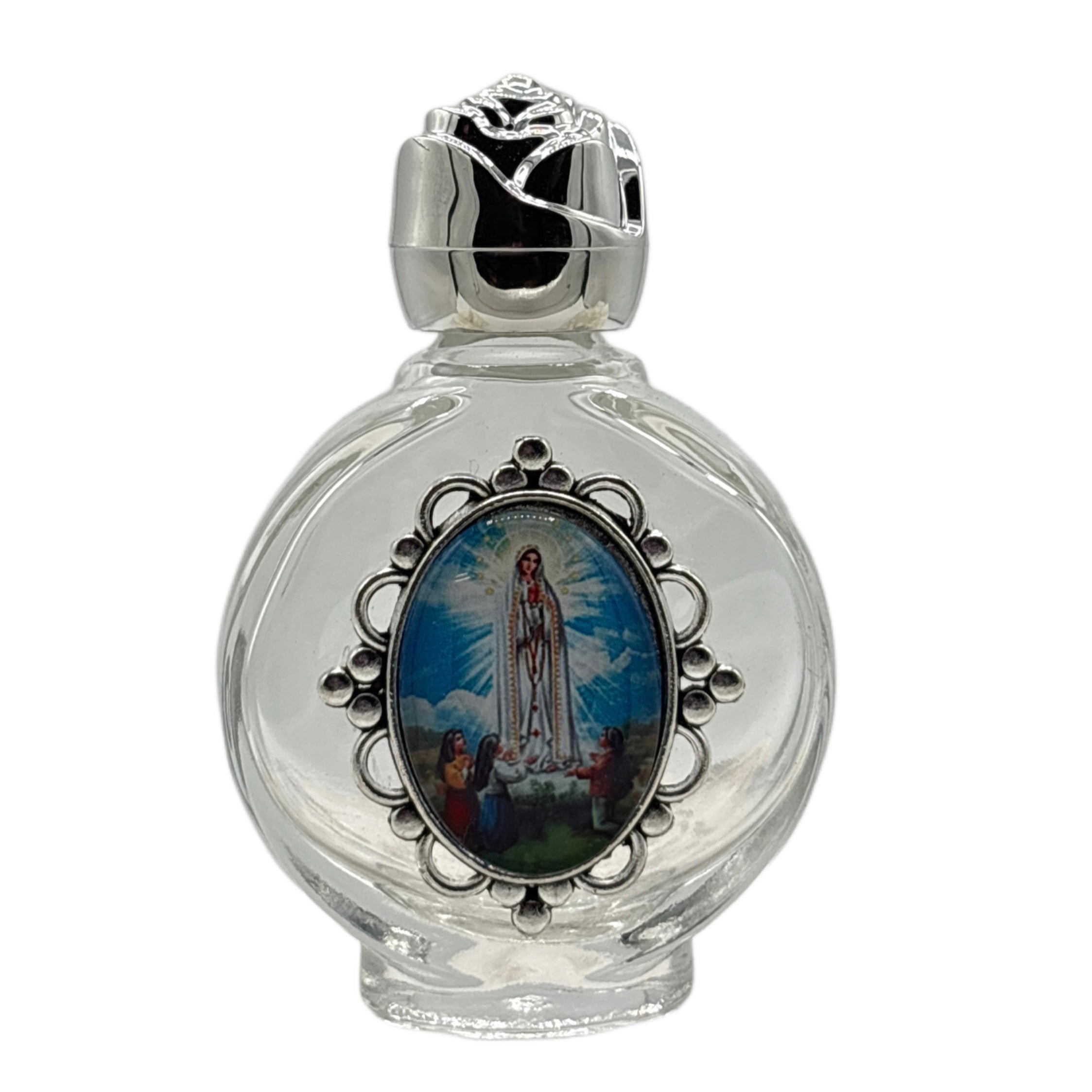 Holy Water Bottle - Lady of Fatima Encase w/ Rose Top 2.5" 
