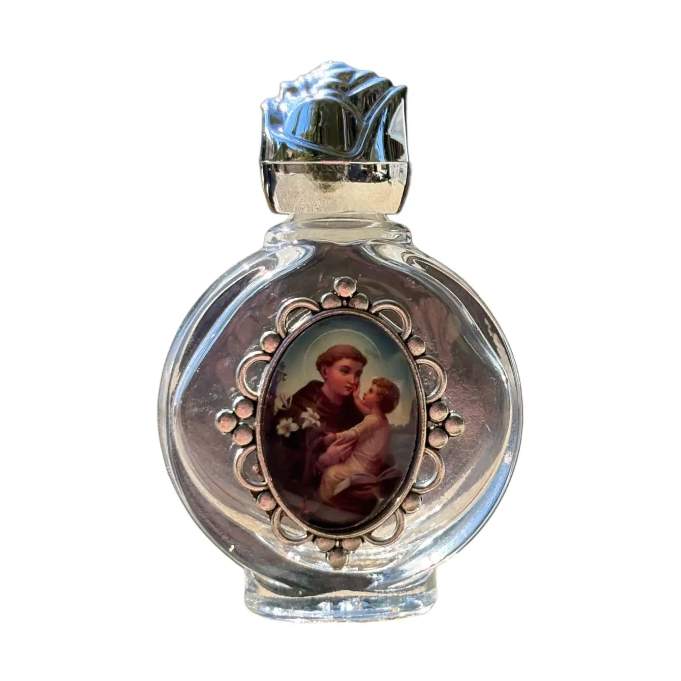 Holy Water Bottle - St. Anthony Encased w/ Rose Top 2.5"