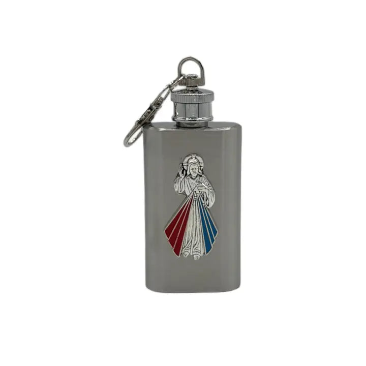 Divine Mercy Holy Water Flask SS Rectangle w/ Keychain   2 oz