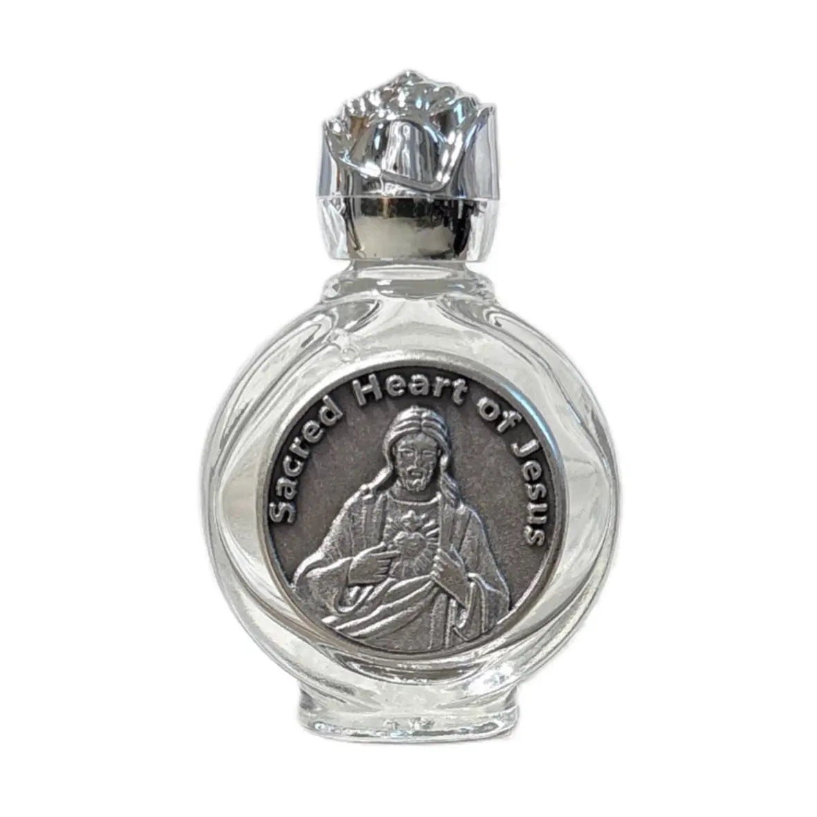Holy Water Bottle- Sacred Heart of Jesus w/ Rose Top 2.5"   