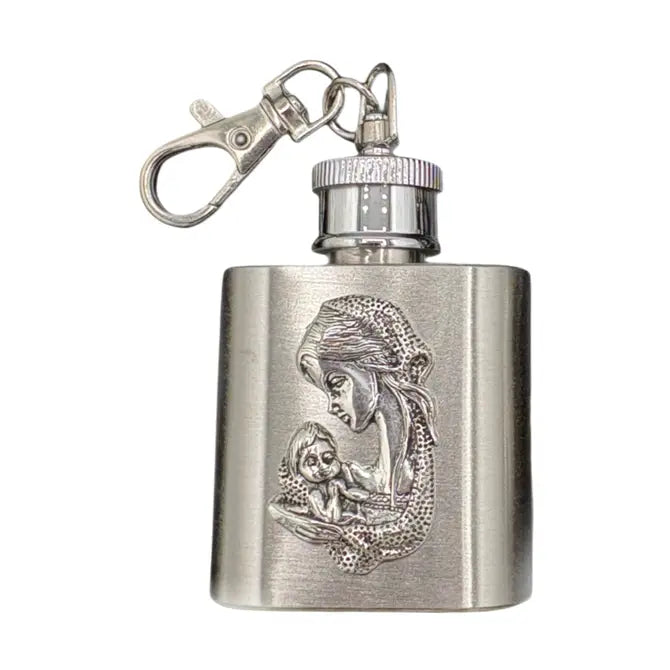 Madonna & Child Holy Water Flask SS w/ Keychain   1 oz