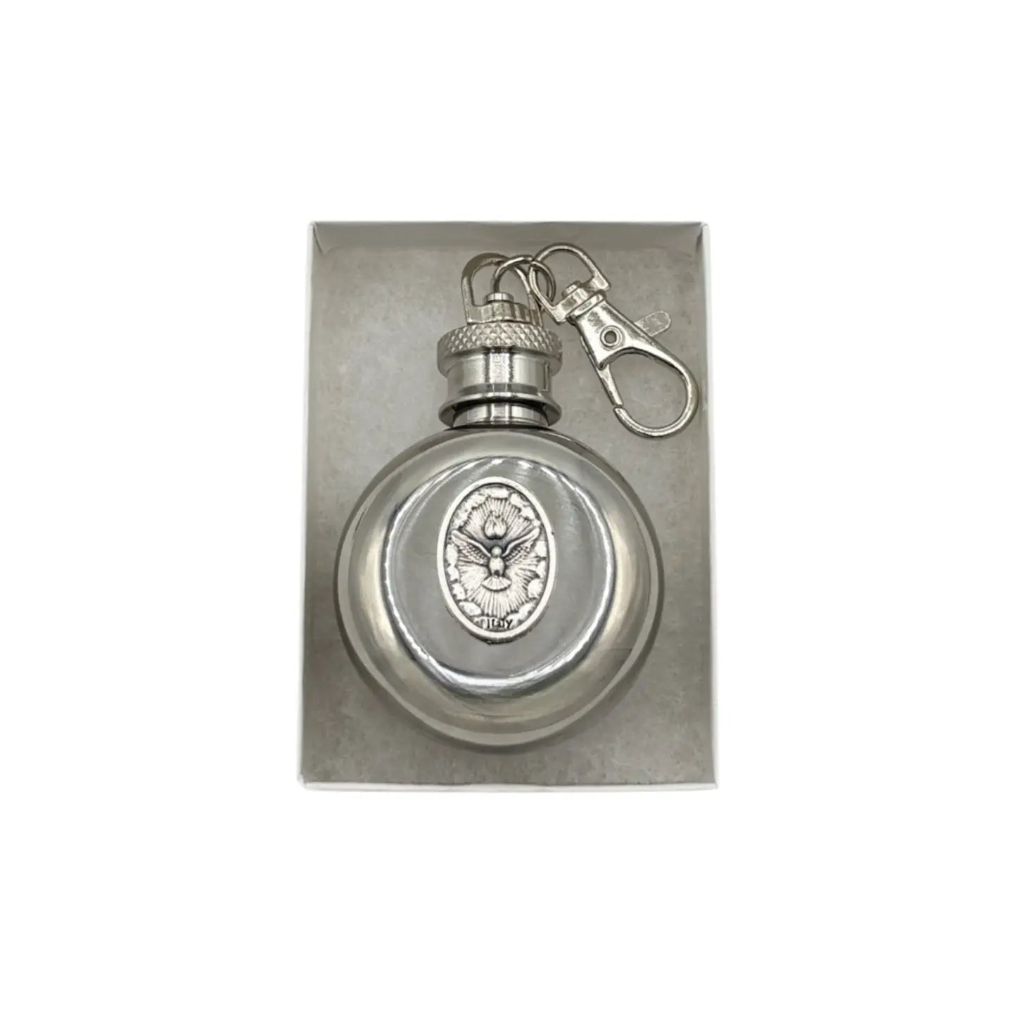 Holy Spirit Holy Water Flask Round SS w/ Keychain   1 oz
