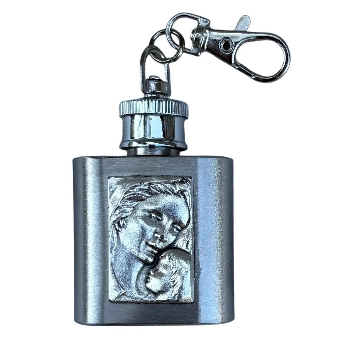 Madonna & Child Holy Water Flask SS w/ Keychain   1 oz
