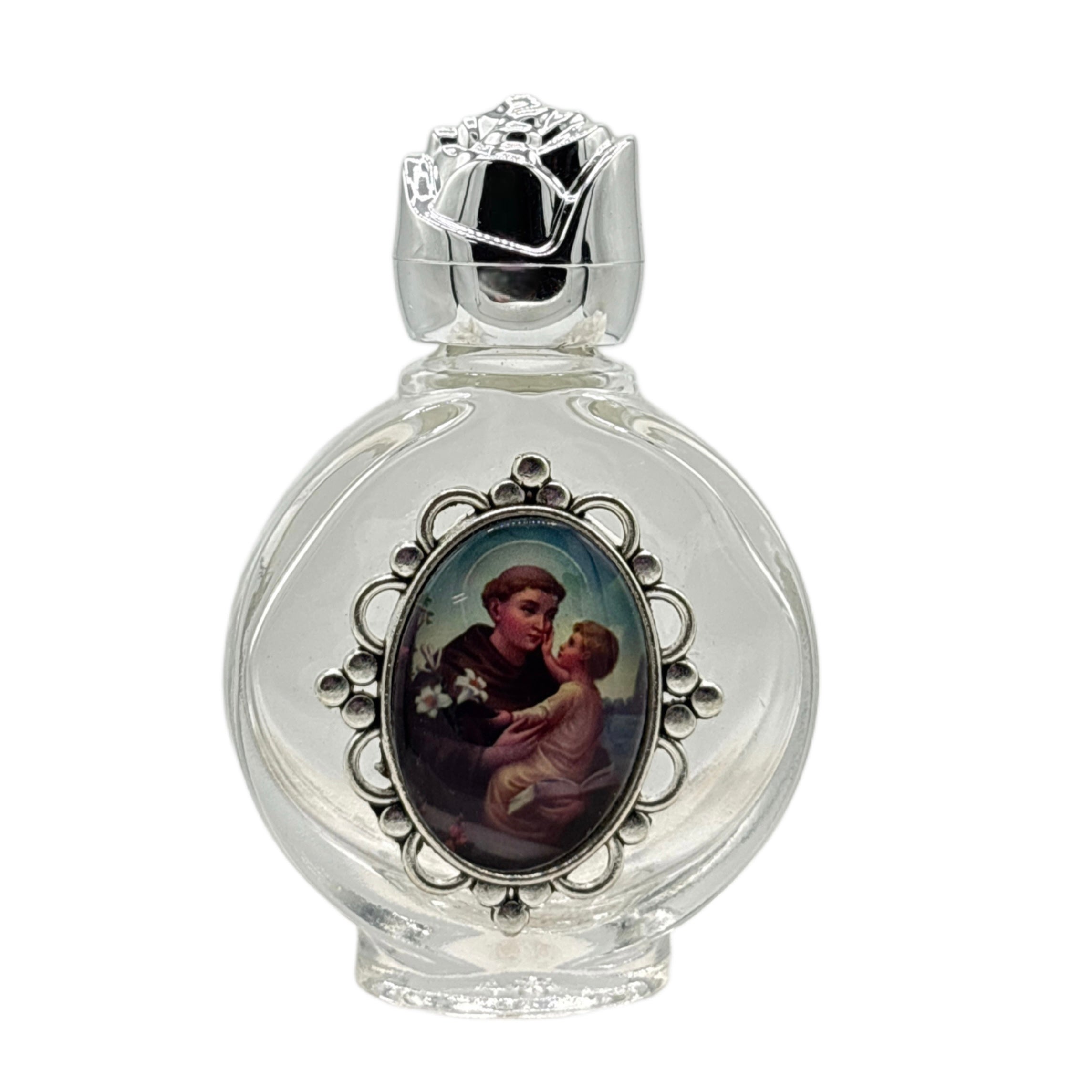 Holy Water Bottle - St. Anthony Encased w/ Rose Top 2.5"