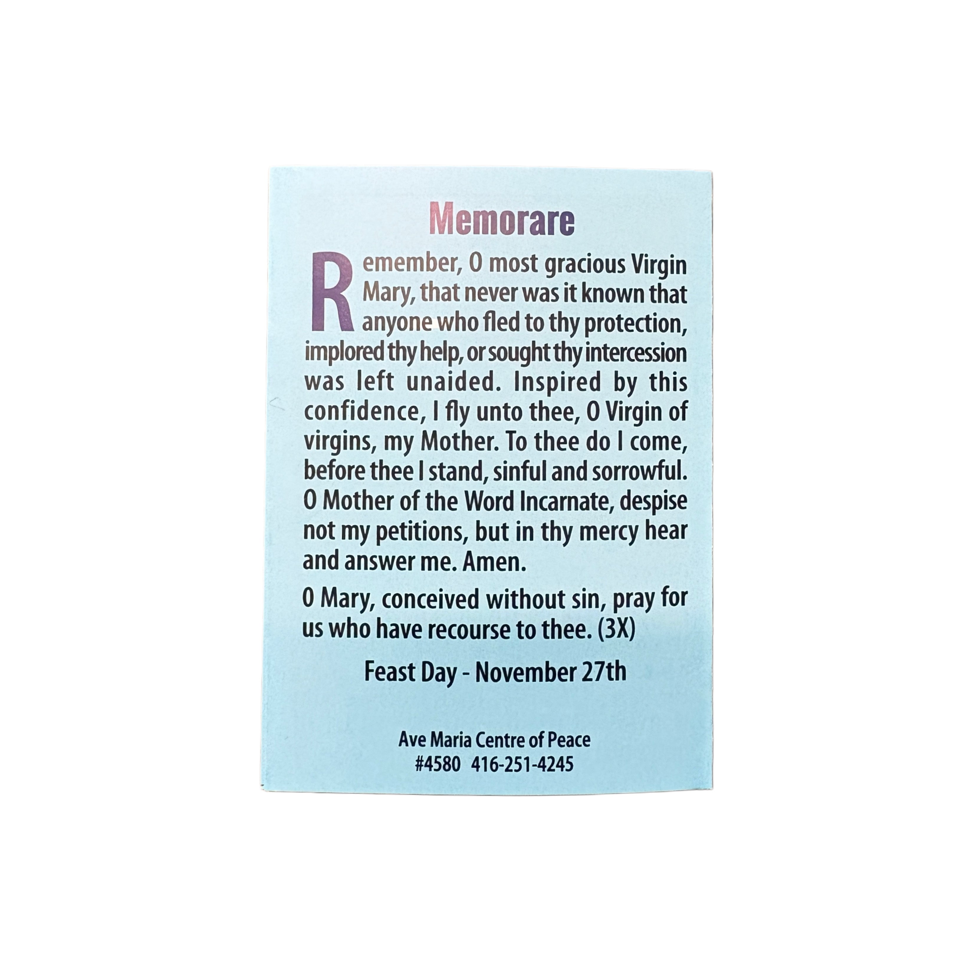 Prayer Card - The Miraculous Medal Memorare  (25/pk)