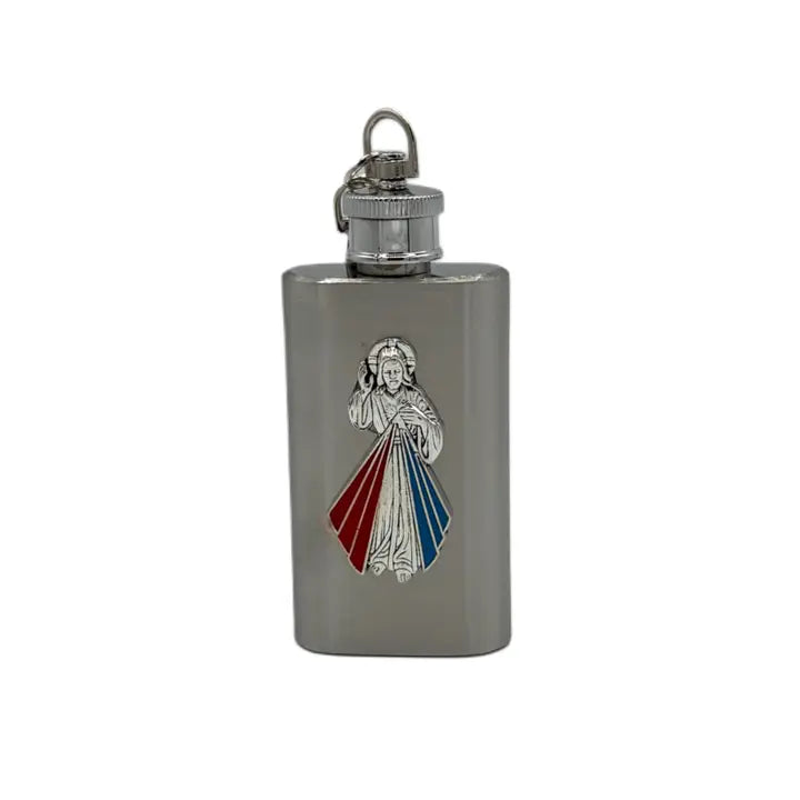 Divine Mercy Holy Water Flask SS Rectangle w/ Keychain   2 oz