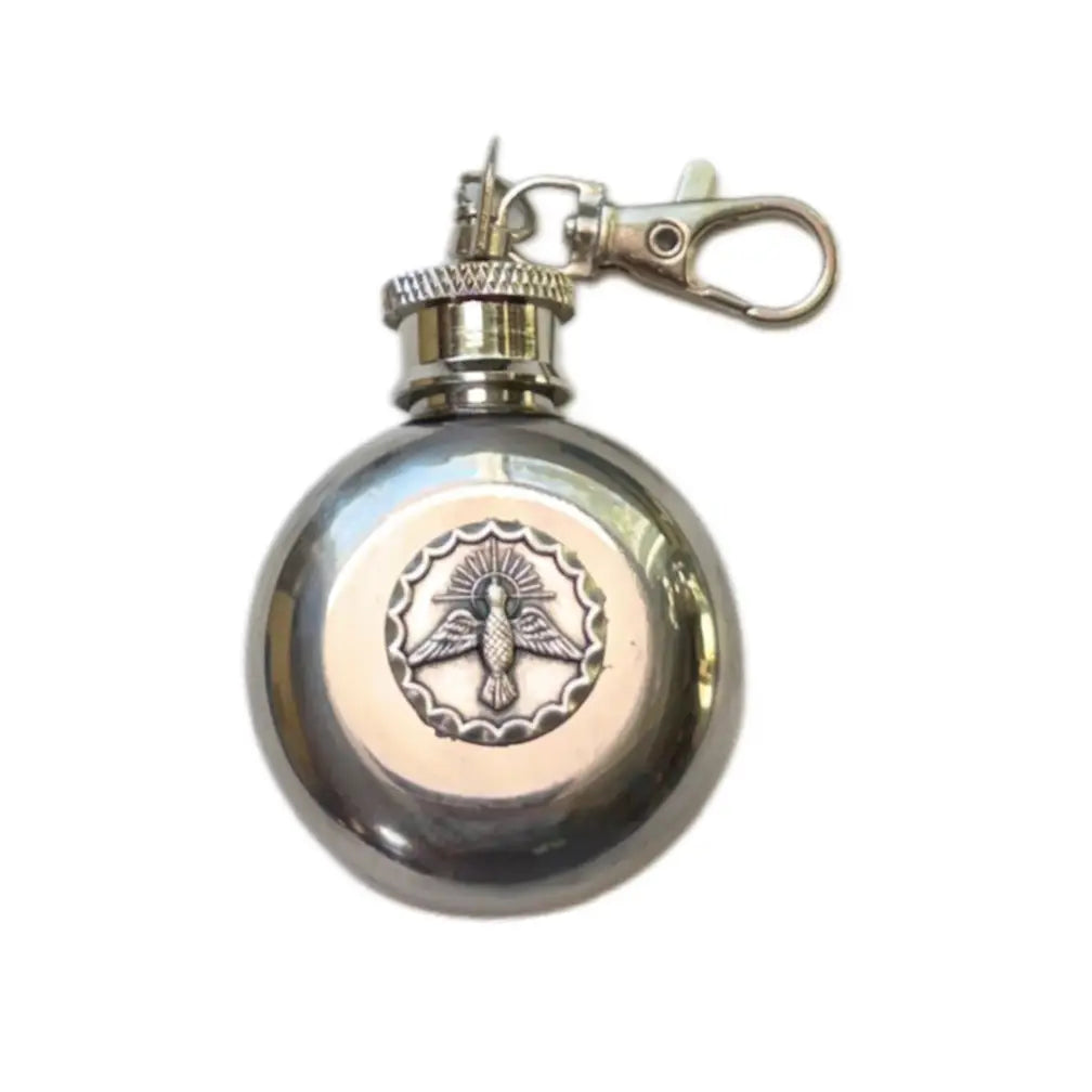 Holy Spirit Holy Water Flask Round SS w/ Keychain   1 oz