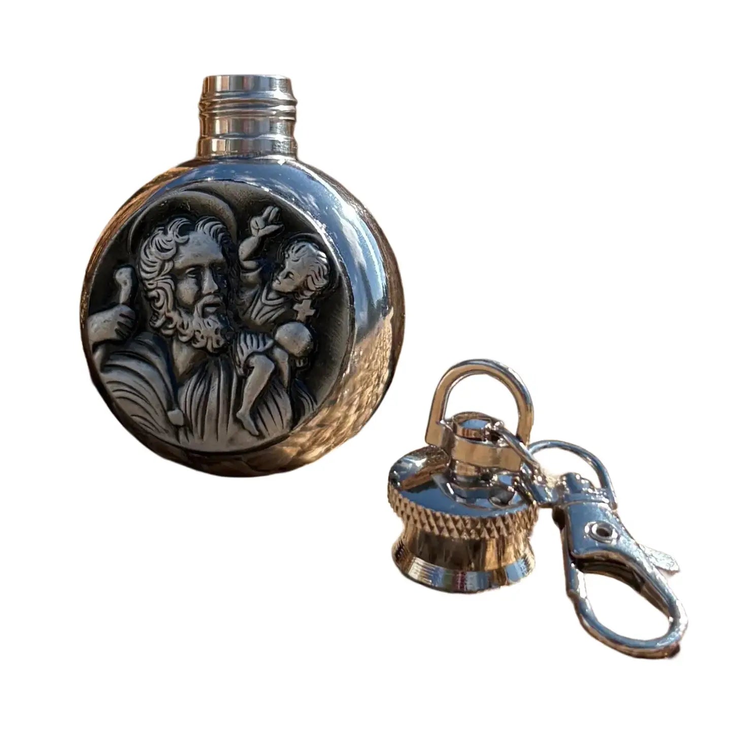 St. Christopher Holy Water Flask SS Round w/ Keychain   1 oz
