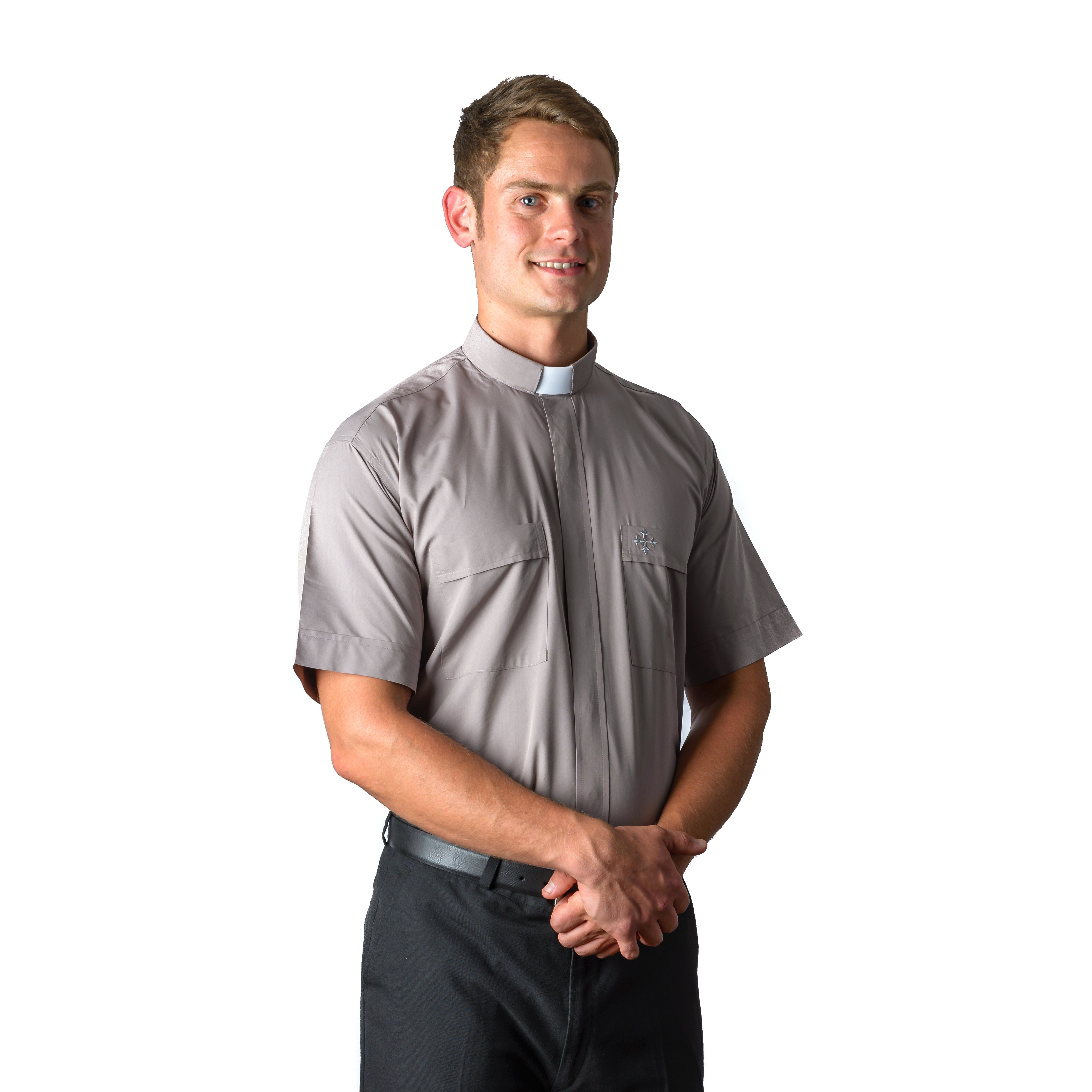 7400 Grey Cotton Short Sleeve Tab Clergy Shirt