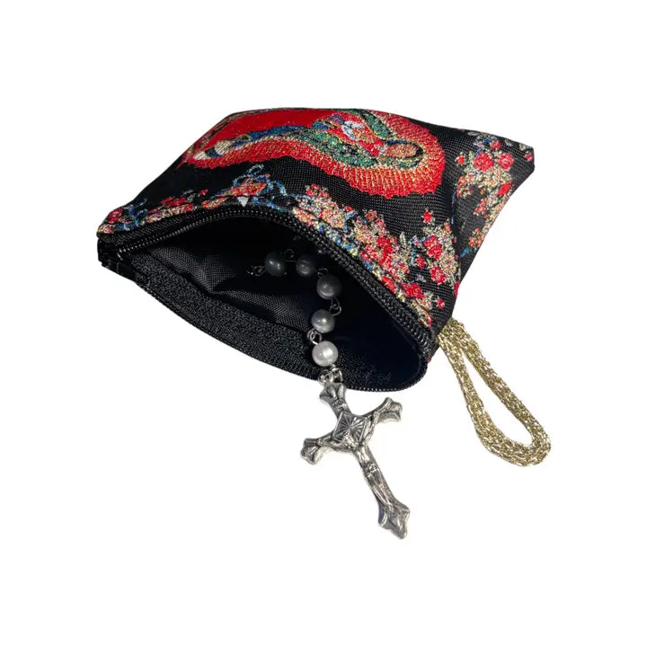 Our Lady of Guadalupe (BLACK) SM Rosary Pouch   3″ x 4″