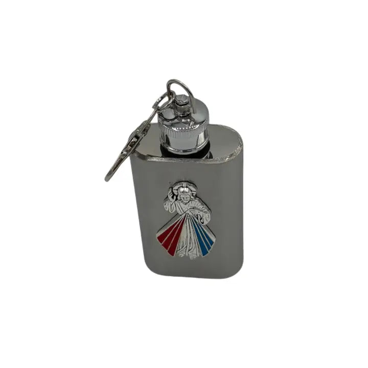 Divine Mercy Holy Water Flask SS Rectangle w/ Keychain   2 oz