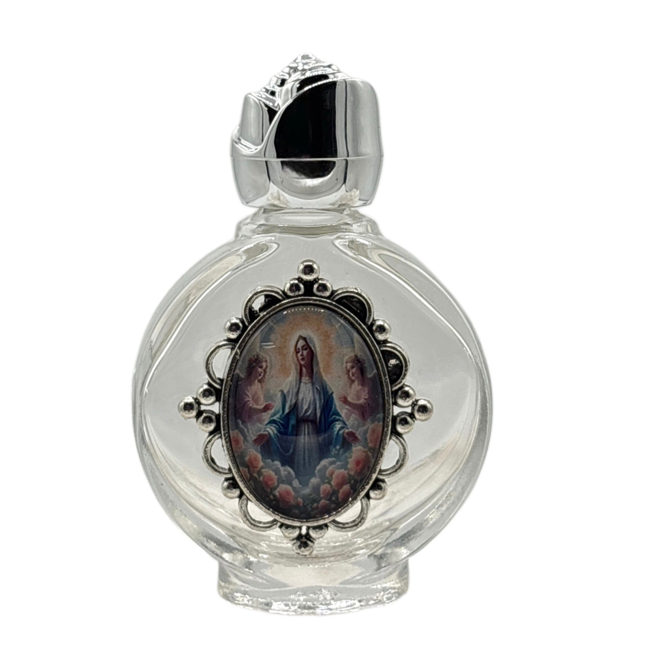 Holy Water Bottle - Lady of Grace Encased w/ Rose Top 2.5"