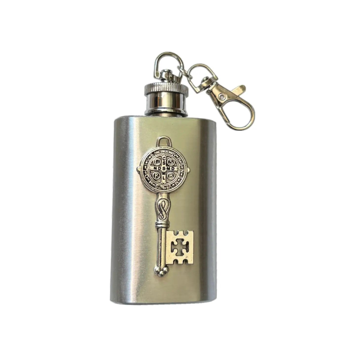 St. Benedict Key Holy Water Flask Rectangle SS w/ Chain 2 oz