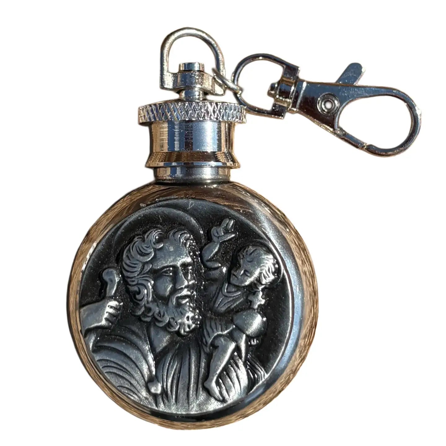 St. Christopher Holy Water Flask SS Round w/ Keychain   1 oz